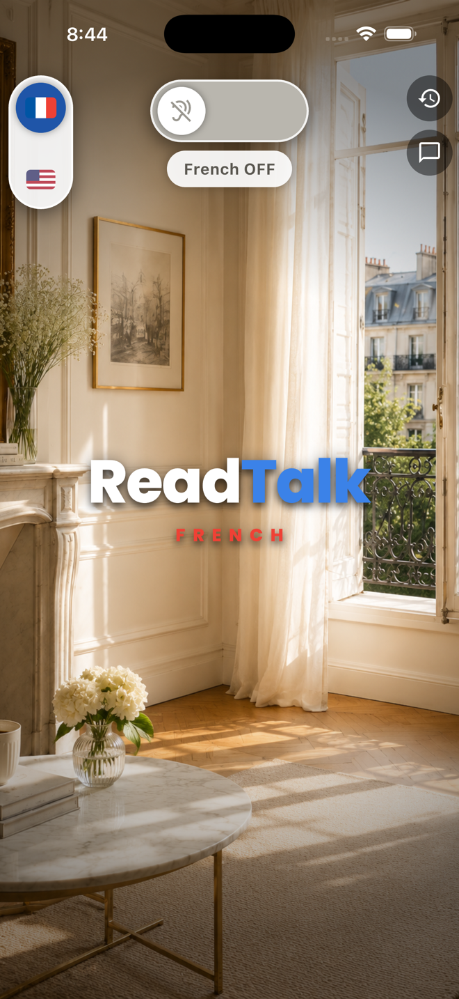 The real ReadTalk French app, switched off: the ReadTalk French wordmark over a sunlit Paris apartment, with the tricolor flag slider and the listening switch at the top of the screen.