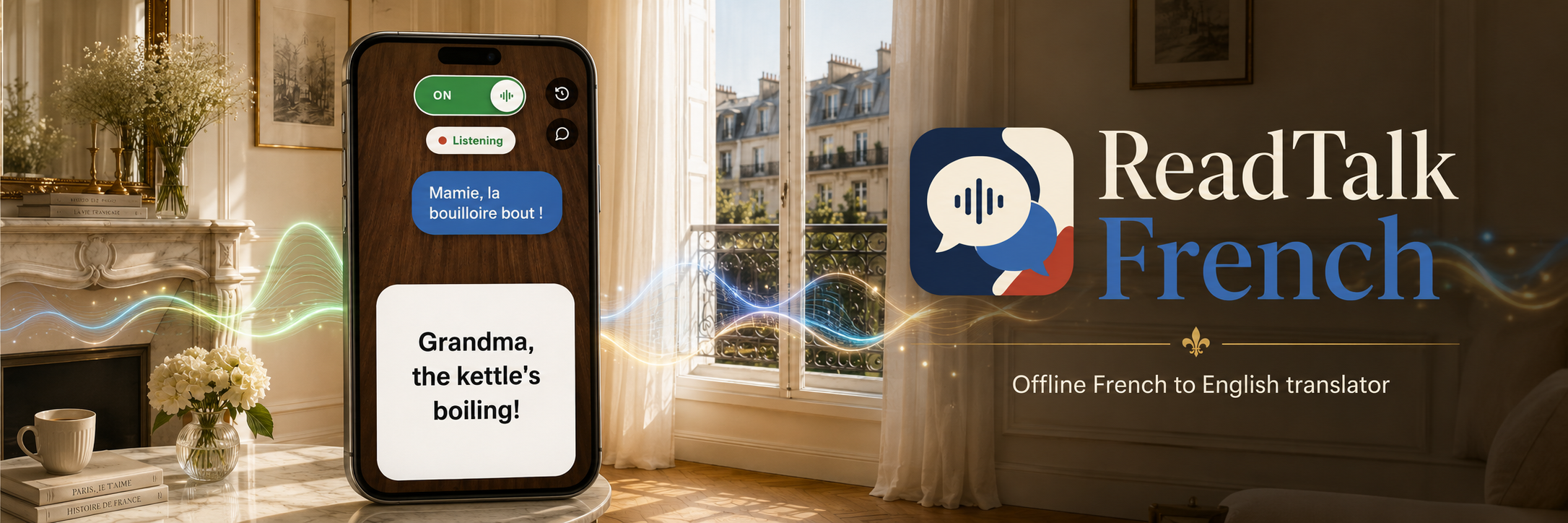 ReadTalk French banner: a phone in a sunlit Paris apartment showing 'Mamie, la bouilloire bout !' translated to big English text 'Grandma, the kettle's boiling!', next to the ReadTalk French logo and the words Offline French to English translator.