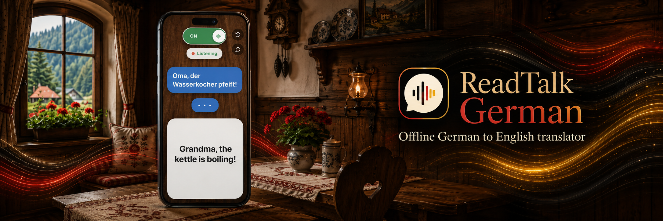 ReadTalk German banner: a phone in a warm wood-panelled Alpine parlour with a cuckoo clock and red geraniums, showing 'Oma, der Wasserkocher pfeift!' translated to big English text 'Grandma, the kettle is boiling!', next to the ReadTalk German logo and the words Offline German to English translator.