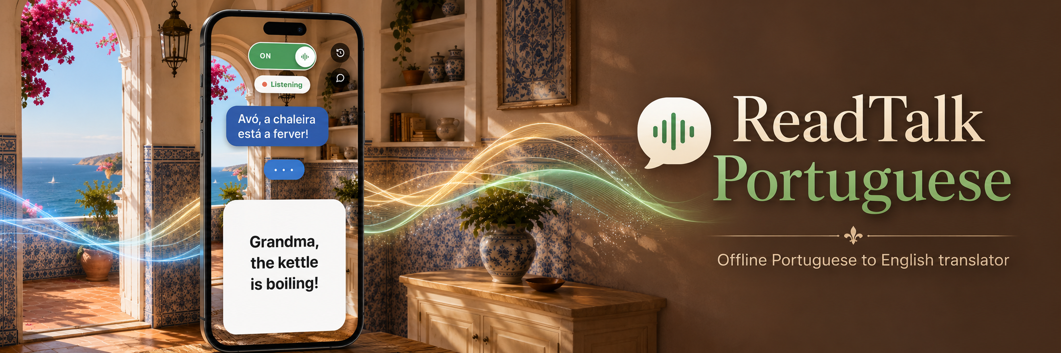 ReadTalk Portuguese banner: a phone in a sunlit azulejo-tiled room by the sea showing 'Avo, a chaleira esta a ferver!' translated to big English text 'Grandma, the kettle is boiling!', next to the ReadTalk Portuguese logo and the words Offline Portuguese to English translator.